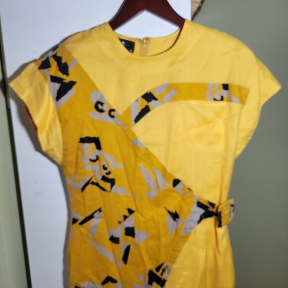 Vintage retro abstract midi dress yellow cotton linen blend size 36 small medium - Picture 2 of 12